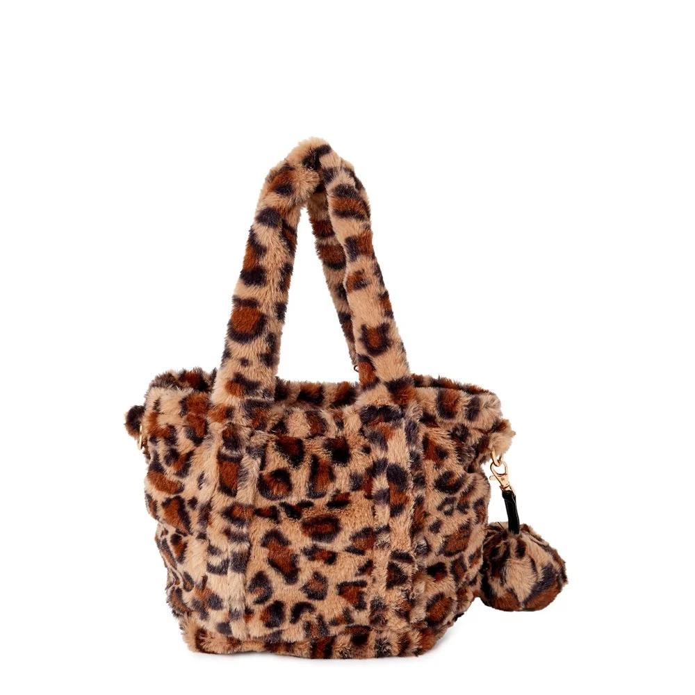 NEW Leopard Kitty Vegan Fur Handbag Wallet Pom Pom Keychain 3pc Set